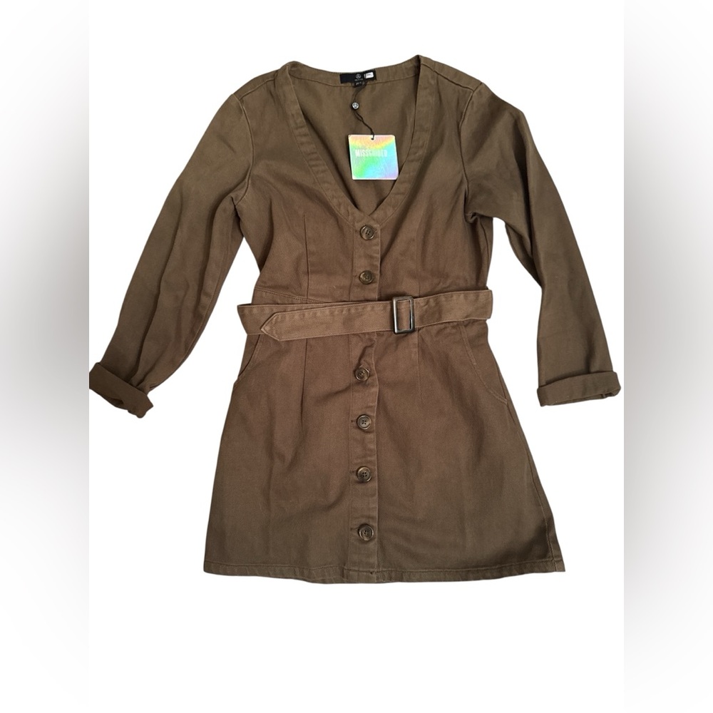 Olive Button-Front Belted Dress